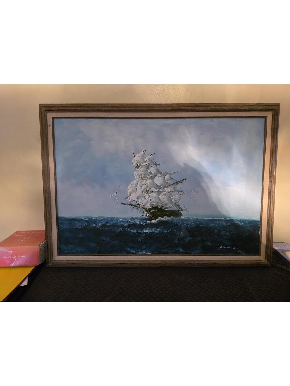 Framed Tall Ship Ocean Wall Art Signed Nautical Seascape 42x29 No Glass